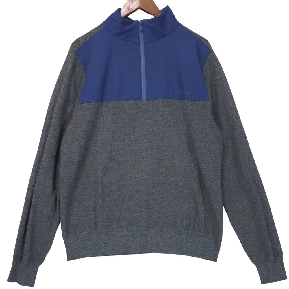 Vineyard Vines Merino Wool 1/4 Zip Pullover Men M Gray Blue Sweater Preppy Layer